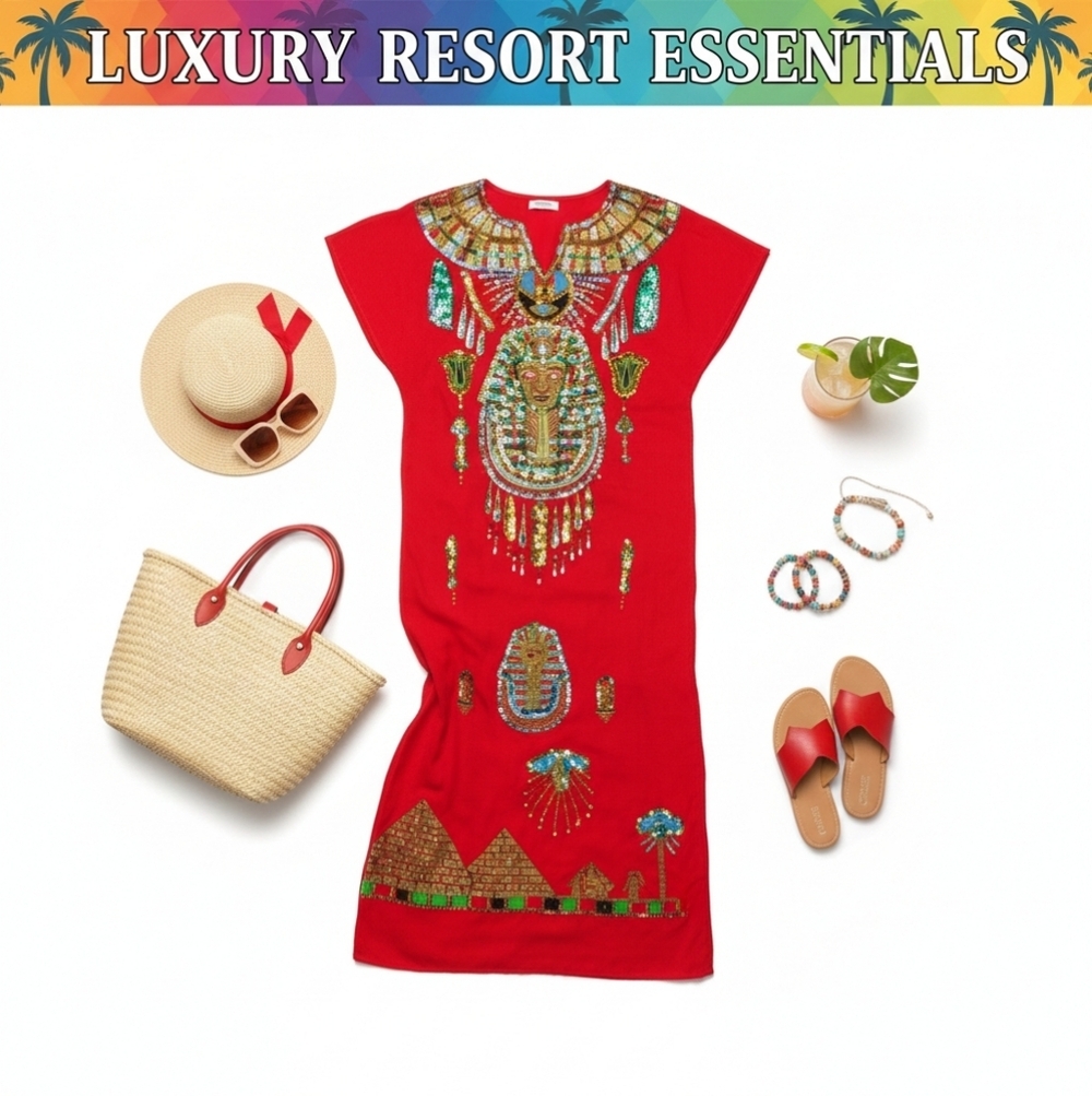 Egyptian Sequin Jalabiya Maxi Dress King Tut Red